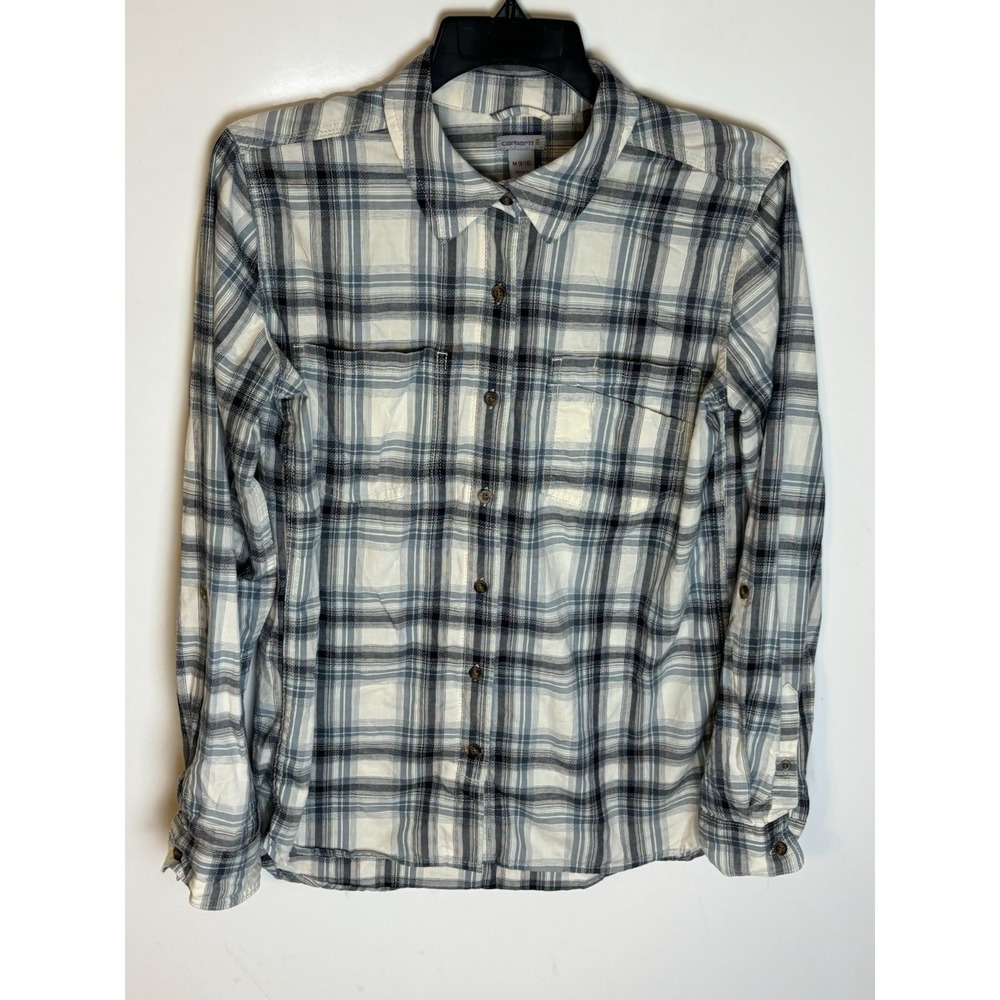 Carhartt Women's M 8/10 Blue-White Cotton Plaid Pocket Button-Up Shirt